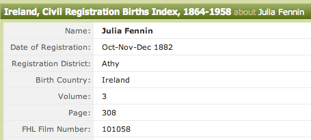 Julia Fennin Civil Registration Births Index