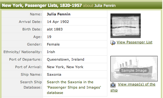Julia Fennin New York Passenger List